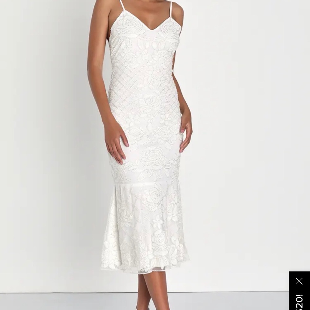 Lulu's White Lace Midi Dress with Spaghetti Straps